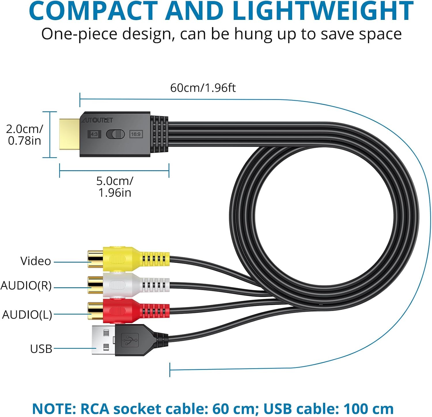 AUTOUTLET RCA to HDMI Converter 1080P/720P HD Conversion, Relive Your Childhood with Retro Games on Modern TVs, Built-in Cable, Instant Plug & Play for Wii, PSOne, PS2, N64 with 60cm Cable & HDMI Plug