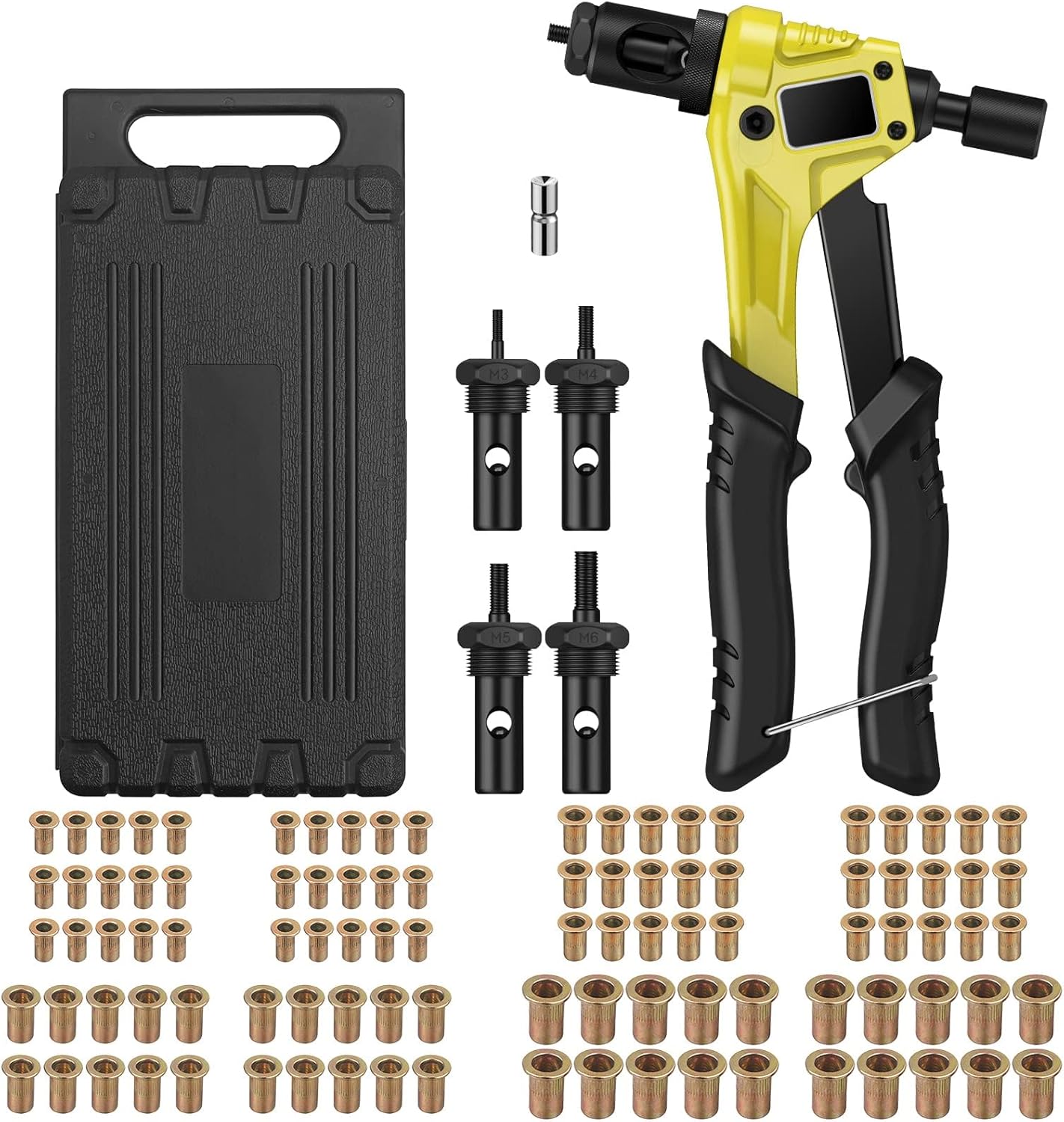 AUTOUTLET Nietmutternzange Set, Profi Hand Nietzange mit M3 M4 M5 M6 Dorne und 100pcs Nieten, 8" Mini Nietmutternpistole Nietmaschine mit Werkzeugbox, Hand Riveter Rivet Gun Riveting Tools-gelb