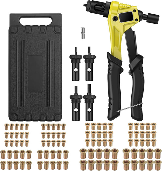 AUTOUTLET Nietmutternzange Set, Profi Hand Nietzange mit M3 M4 M5 M6 Dorne und 100pcs Nieten, 8" Mini Nietmutternpistole Nietmaschine mit Werkzeugbox, Hand Riveter Rivet Gun Riveting Tools-gelb