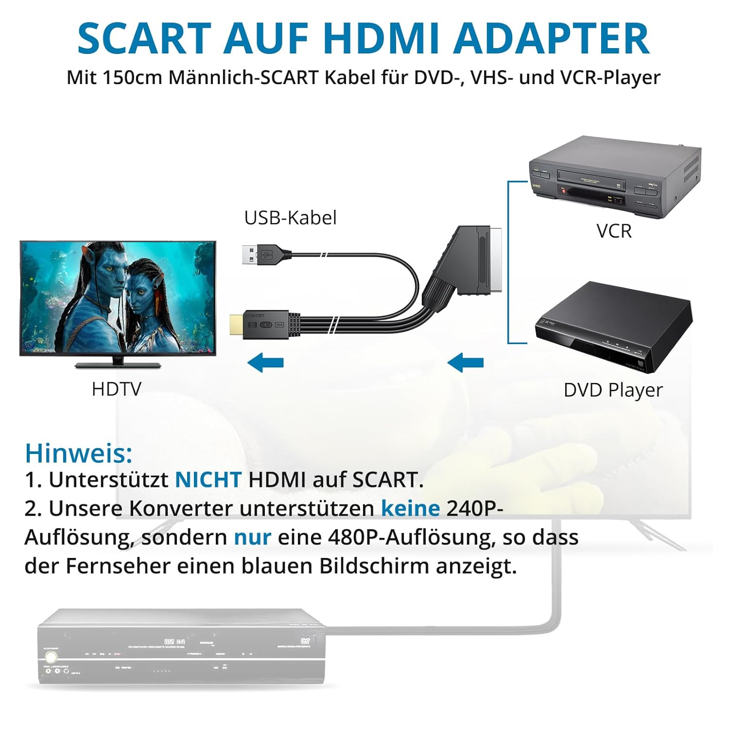 AUTOUTLET Scart auf HDMI Konverter, 1080P Scart auf HDMI Adapter unterstützt 16:9/4:3 Konvertierung, PAL/NTSC, Scart to HDMI mit 150cm Männlich-Scart-Kabel, Scart HDMI Adapter für HDTV VCR VHS DVD