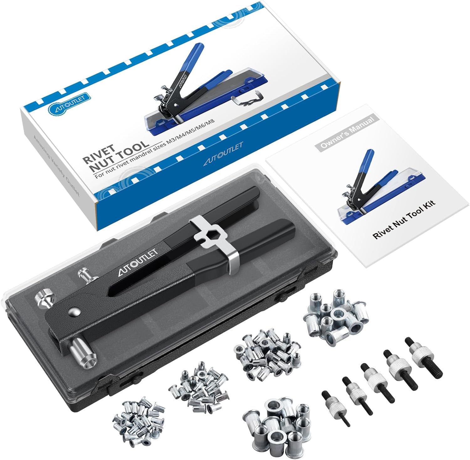Nietzange Set, AUTOUTLET 86 Stück Nietmutternzange Set Gewindeeinsatz Nietpistolen Werkzeug, mit M3 M4 M5 M6 M8 Dorne und 80PCS Nietmuttern, 10" Nietzange Gewinde Blindnietzange vernieten Kit(Schwarz)