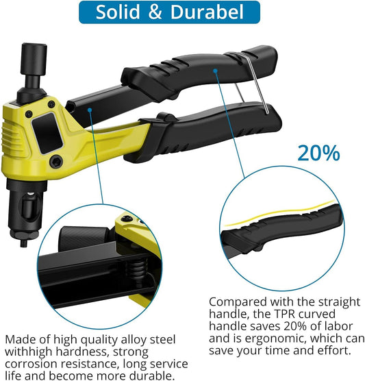 AUTOUTLET Nietmutternzange Set, Profi Hand Nietzange mit M3 M4 M5 M6 Dorne und 100pcs Nieten, 8" Mini Nietmutternpistole Nietmaschine mit Werkzeugbox, Hand Riveter Rivet Gun Riveting Tools-gelb