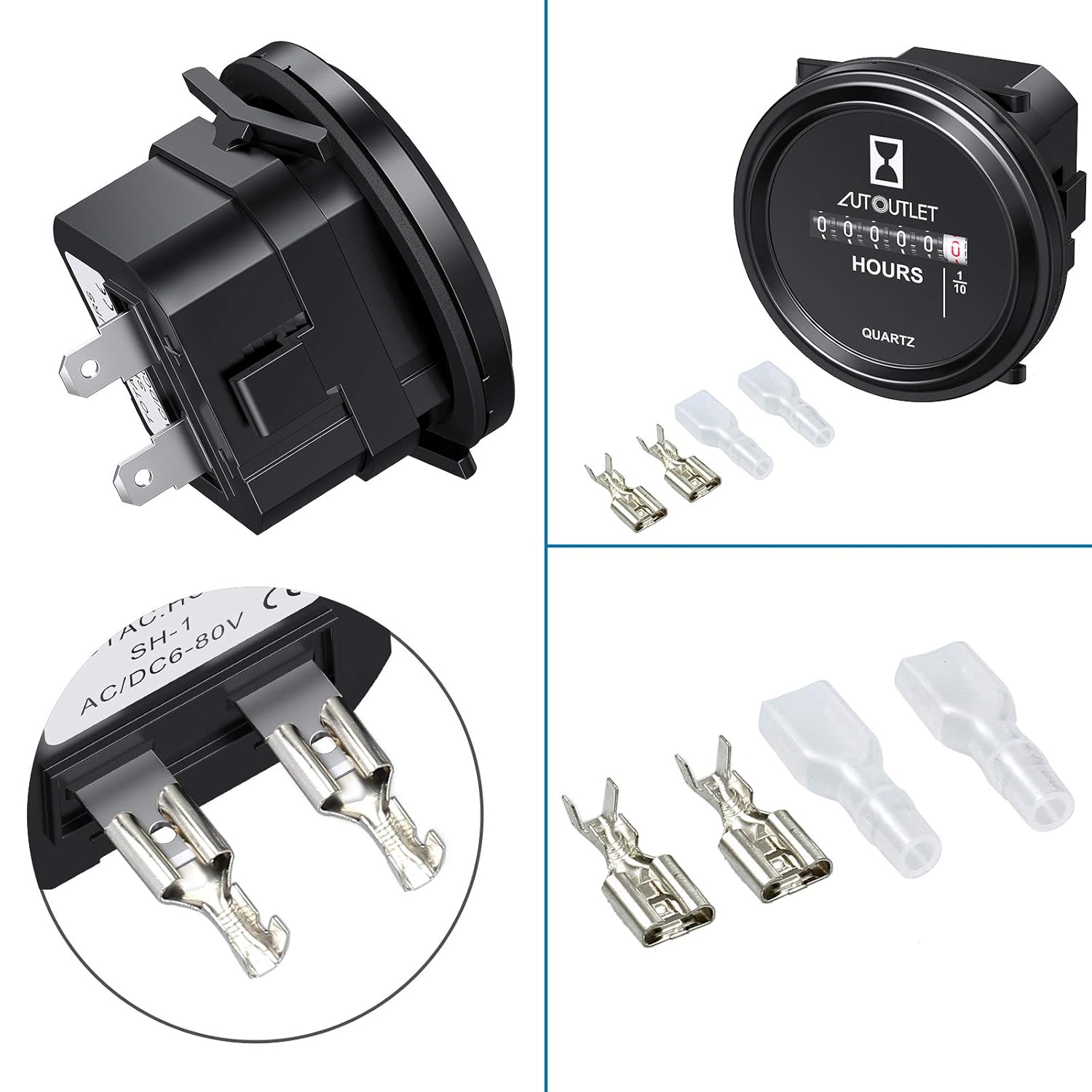 AUTOUTLET Quartz Hour Meter 2" Round Gauge Waterproof Industrial Timer DC 12V 24V 36V 48V 72V 99,999.9 Hours, 0.01 Quartz for Marine Boat Engine