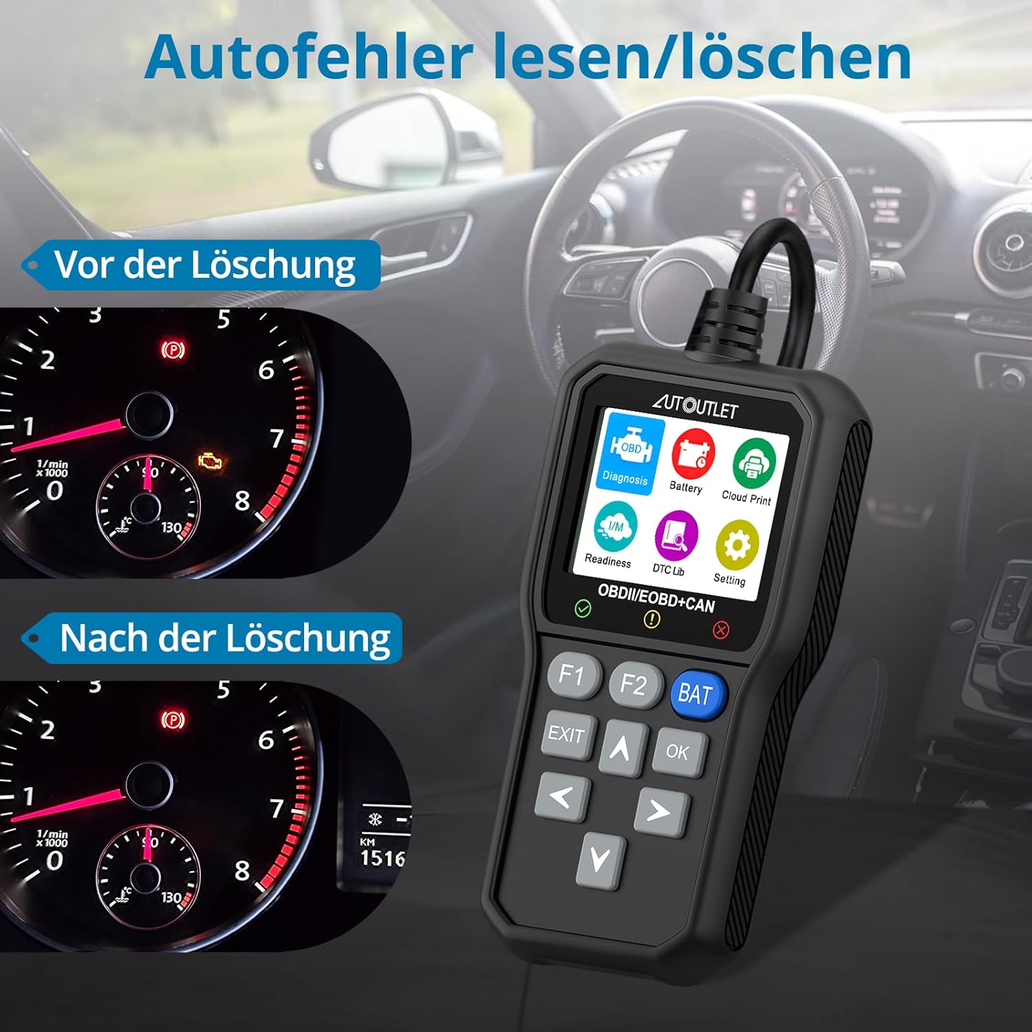 AUTOUTLET OBD2 Diagnosegerät, Unterstützt QR-Code-Scans & One Touch Batterietest-Taste, OBD EOBD Auto Diagnosegerät mit DTC-Definition, 10 Modi & 13 Sprachen, Farbbildschirm, Auto Motor Auslesegerät