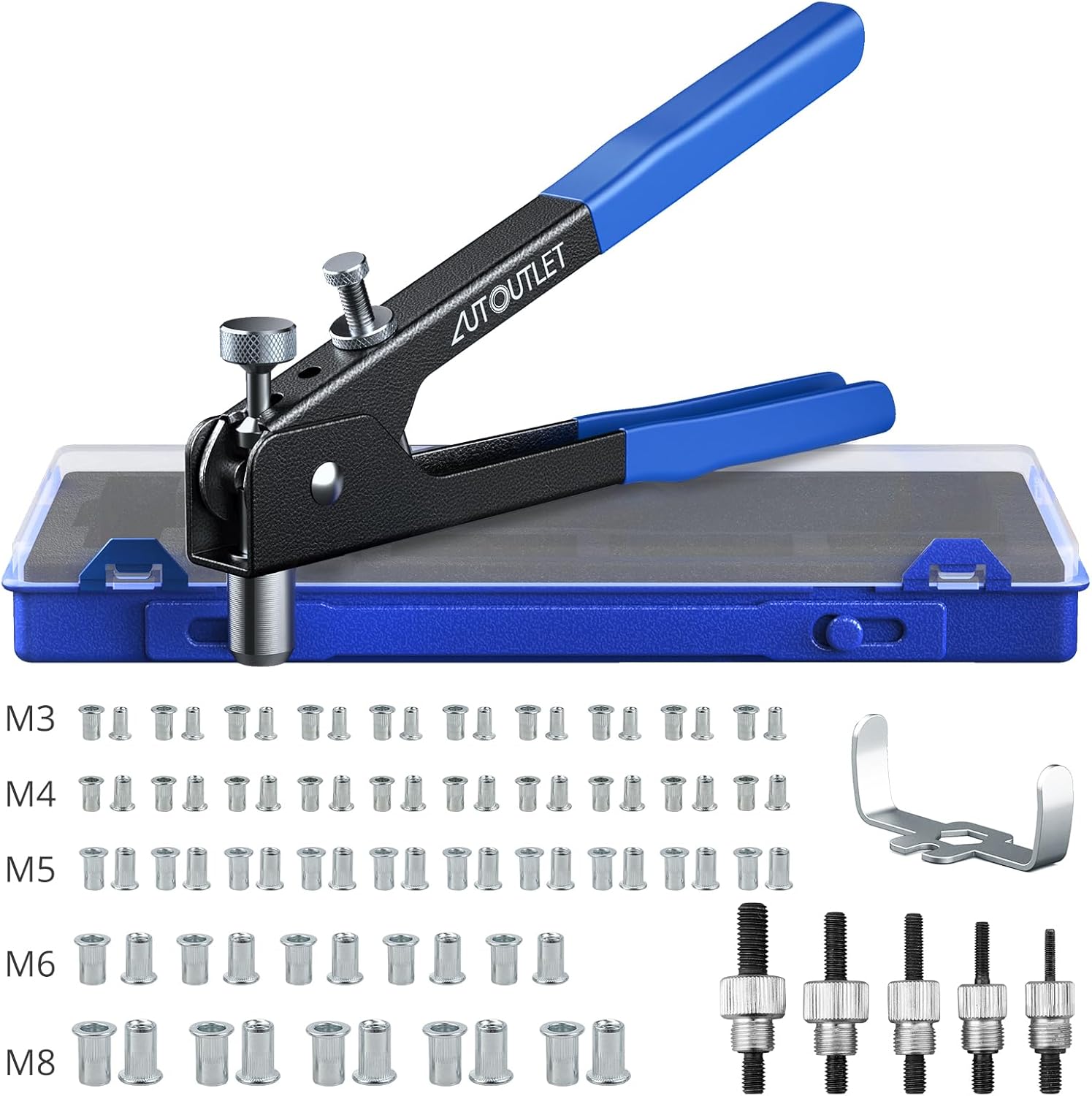 Nietzange Set, AUTOUTLET 86 Stück Nietmutternzange Set Gewindeeinsatz Nietpistolen Werkzeug, mit M3 M4 M5 M6 M8 Dorne und 80PCS Nietmuttern, 10" Nietzange Gewinde Blindnietzange vernieten Kit-Rot