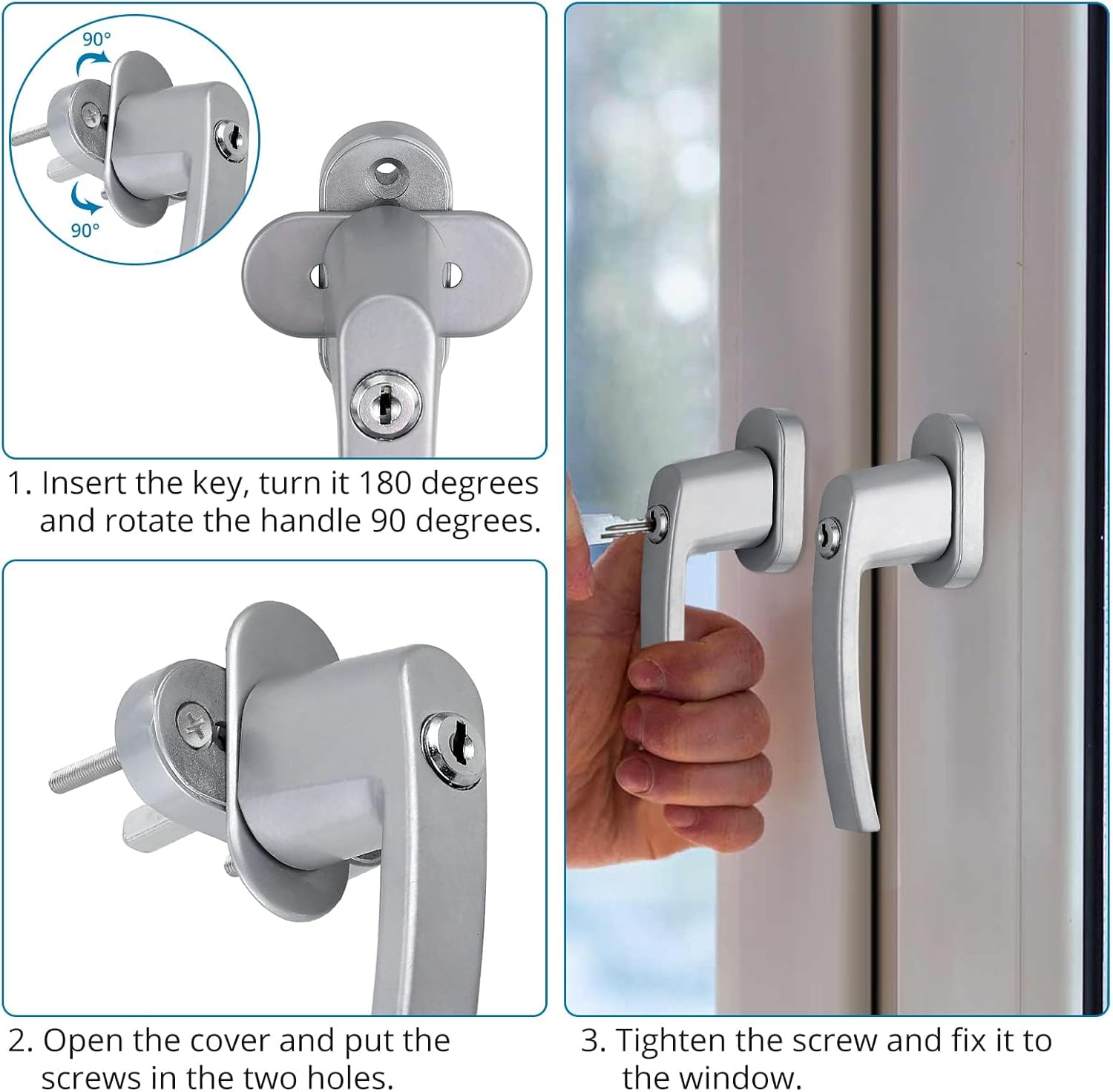 AUTOUTLET Fenstergriffe abschliessbar, 4 Stück Fenstergriff abschließbar Aluminium in Stiftlänge 35mm, Fenstersicherung Balkontürgriff kindersicherung mit Schlüsseln und Schrauben für Fenster (grau)