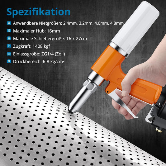 AUTOUTLET Druckluft Blindnietpistole Kit, Premium Nietpistole Werkzeug mit 4 Mundstücke (2,4mm 3,2mm 4,0mm 4,8mm) und 500PCS Nieten, Druckluft Nietenzange für Aluminium-, Eisen-, Edelstahlbleche