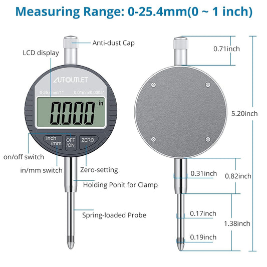 AUTOUTLET Digital Dial Indicator 0.01mm/0.0005" Accuracy, 0-1"/25.4mm Range, Professional Grade Precision Gauge for Machining & Engineering