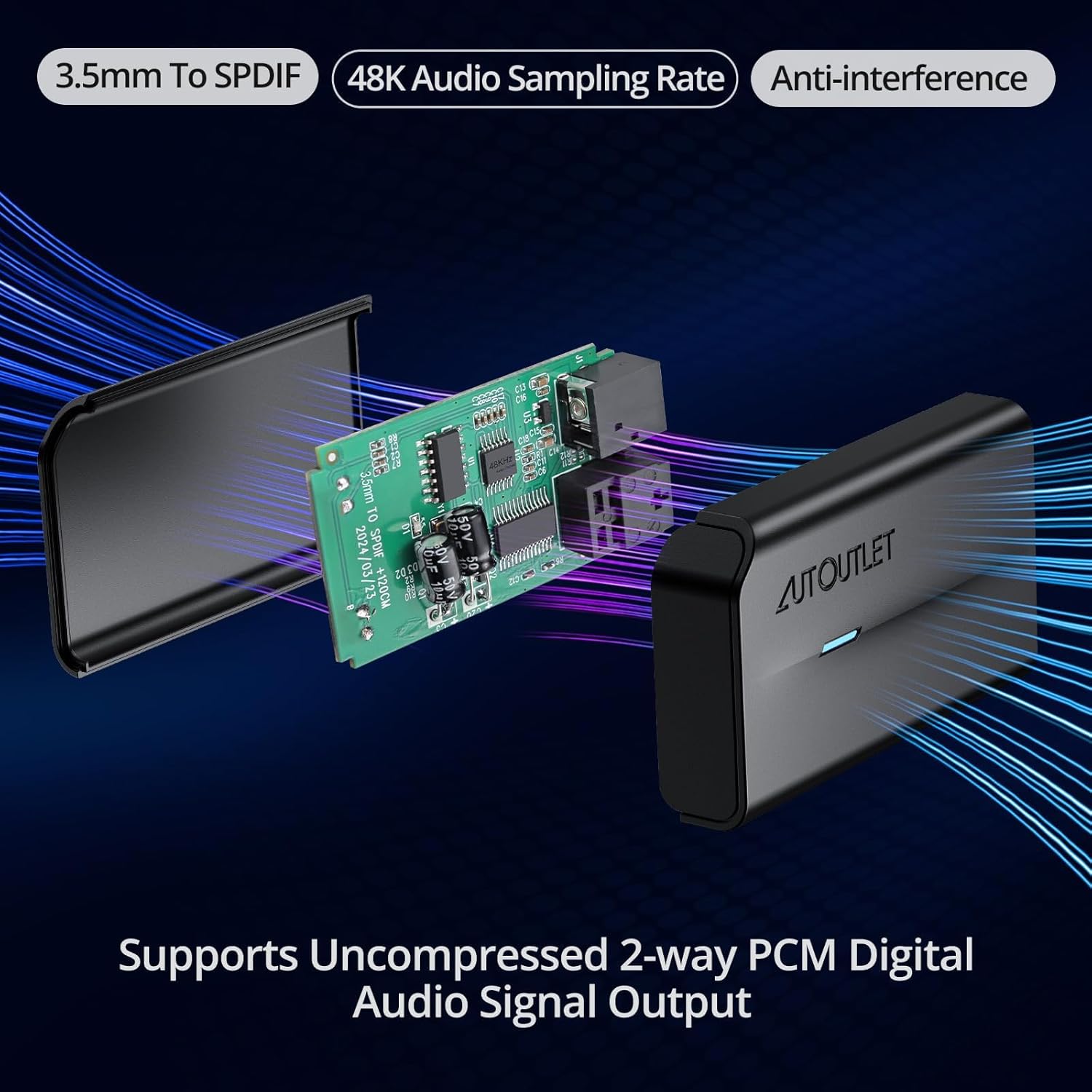 AUTOUTLET 3.5mm to Optical Converter, 48Khz Audio Sample Rate, Supports Uncompressed 2-Way PCM Digital Audio Signal Output, Built-in 1.2m 3.5mm Cable, Suitable for Laptop, Computer, Projector, etc