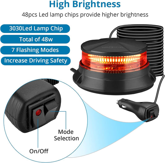 AUTOUTLET Rundumleuchte, 48 LED Gelb Rundumleuchte 10V-30V Magnet Warnleuchte | 7 Blitzmuster | 3,5M Kabel | E9 | IP56,Warnlicht Blinkleuchte Strobe Beacon Light für Gabelstapler-Traktor Golfwagen usw