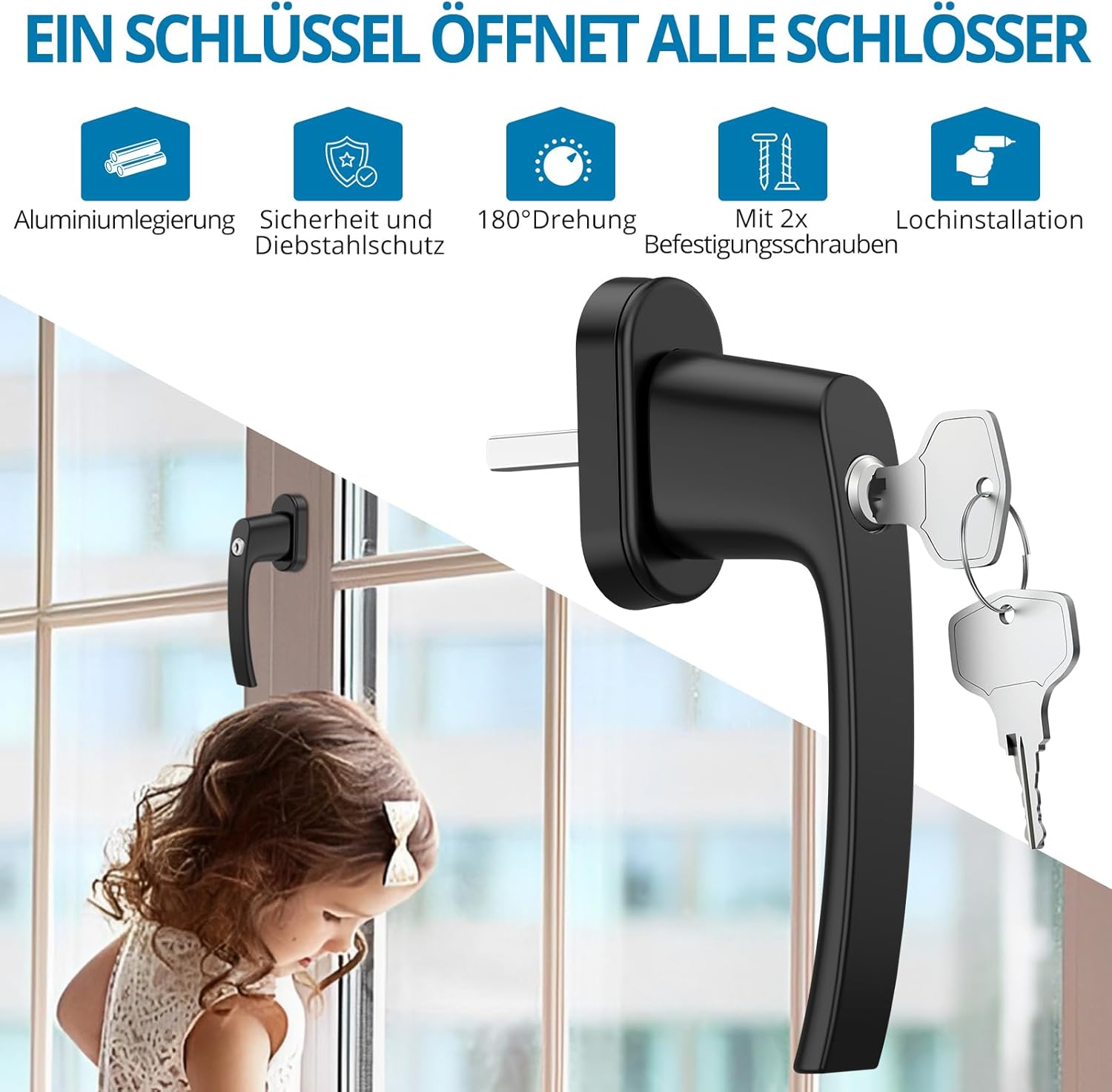 AUTOUTLET Fenstergriffe abschliessbar, 4 Stück Fenstergriff abschließbar Aluminium, Fensterschloss Fenstersicherung Kindersicherung Balkontürgriff mit Schloss in Stiftlänge 35mm für Fenster (schwarz)