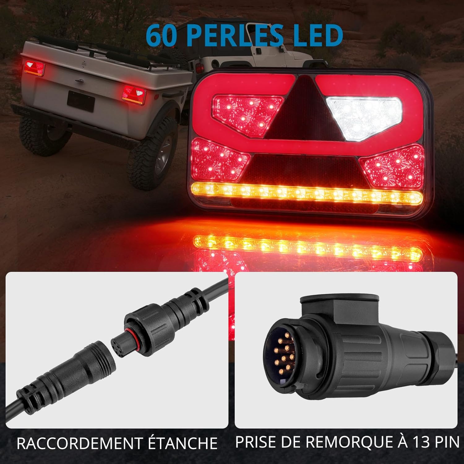 AUTOUTLET Lot de 60 feux arrière de remorque - Éclairage LED 13 broches - Câble amovible de 5 m et 5 fonctions - Éclairage de remorque de voiture et camion - Certifié E11 (pas d'éclairage de plaque