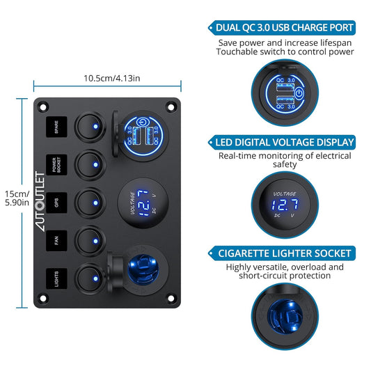 AUTOUTLET 5-Way Switch Panel with USB Ports & LED Indicator, 12V Cigarette Lighter Socket, IP66 Waterproof, 12V-24V Universal Switch Panel, Ideal for Boats, Trucks, RVs, and More