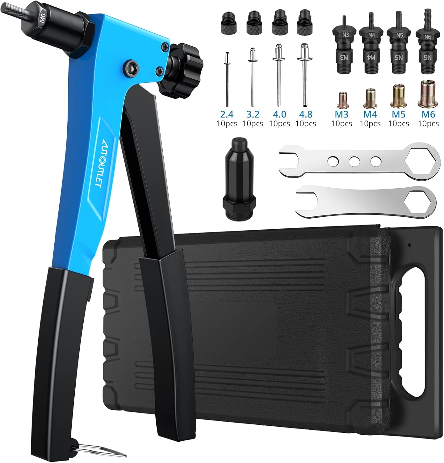 AUTOUTLET Nietmutternzange Set, Profi Hand Nietzange mit M3 M4 M5 M6 Dorne und 100pcs Nieten, 8" Mini Nietmutternpistole Nietmaschine mit Werkzeugbox, Hand Riveter Rivet Gun Riveting Tools-gelb