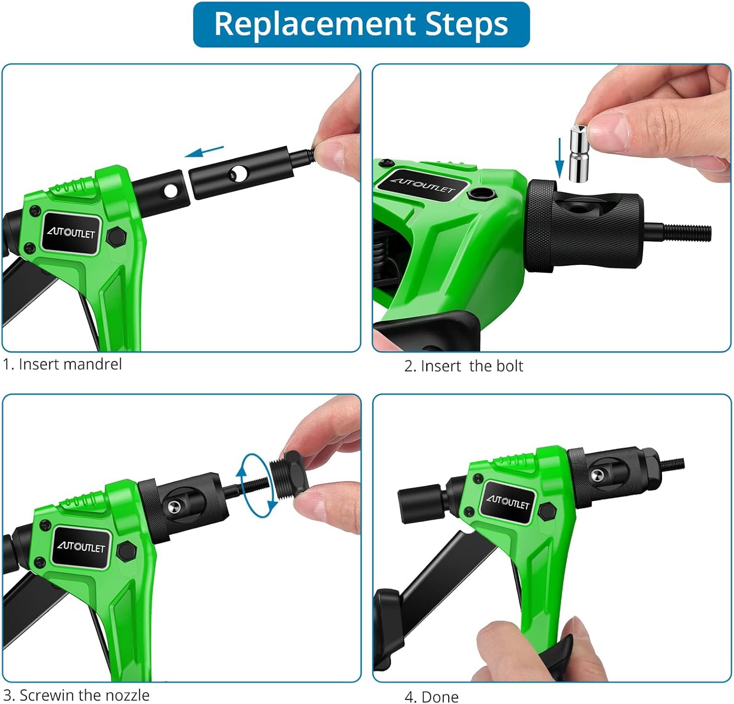 AUTOUTLET Nietmutternzange Set, Profi Hand Nietzange mit M3 M4 M5 M6 Dorne und 100pcs Nieten, 8" Mini Nietmutternpistole Nietmaschine mit Werkzeugbox, Hand Riveter Rivet Gun Riveting Tools(Grün)