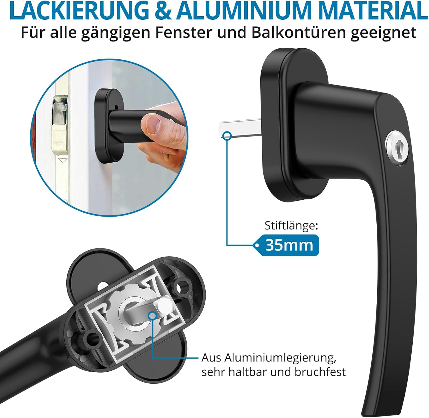 AUTOUTLET Fenstergriffe abschliessbar, 4 Stück Fenstergriff abschließbar Aluminium, Fensterschloss Fenstersicherung Kindersicherung Balkontürgriff mit Schloss in Stiftlänge 35mm für Fenster (schwarz)