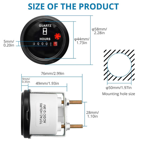 AUTOUTLET Quartz Hour Meter 6V-80V, 12 Volt Industrial Hour Meter with Metal Mount Bracket Anti-Vibration, Waterproof Quartz Design for Indoor and Vehicle Use