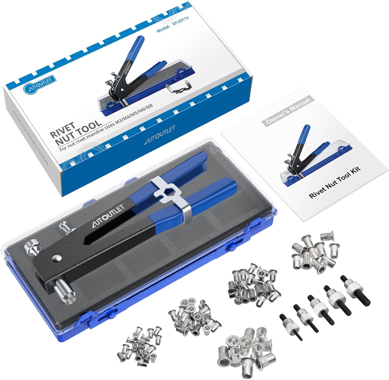 Nietzange Set, AUTOUTLET 86 Stück Nietmutternzange Set Gewindeeinsatz Nietpistolen Werkzeug, mit M3 M4 M5 M6 M8 Dorne und 80PCS Nietmuttern, 10" Nietzange Gewinde Blindnietzange vernieten Kit-Blau