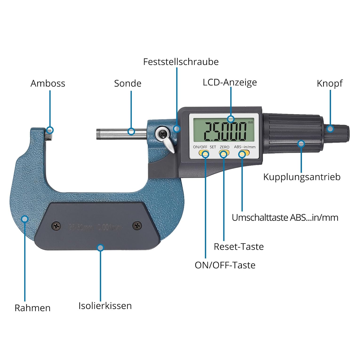 AUTOUTLET Micrometer Digitale Bügelmessschraube 25-50mm/ 0.001mm, Hohe Präzision LCD Digitale Mikrometer Mikrometerschieber Länge Messwerkzeug Mikrometer 0.001mm(0.00005")