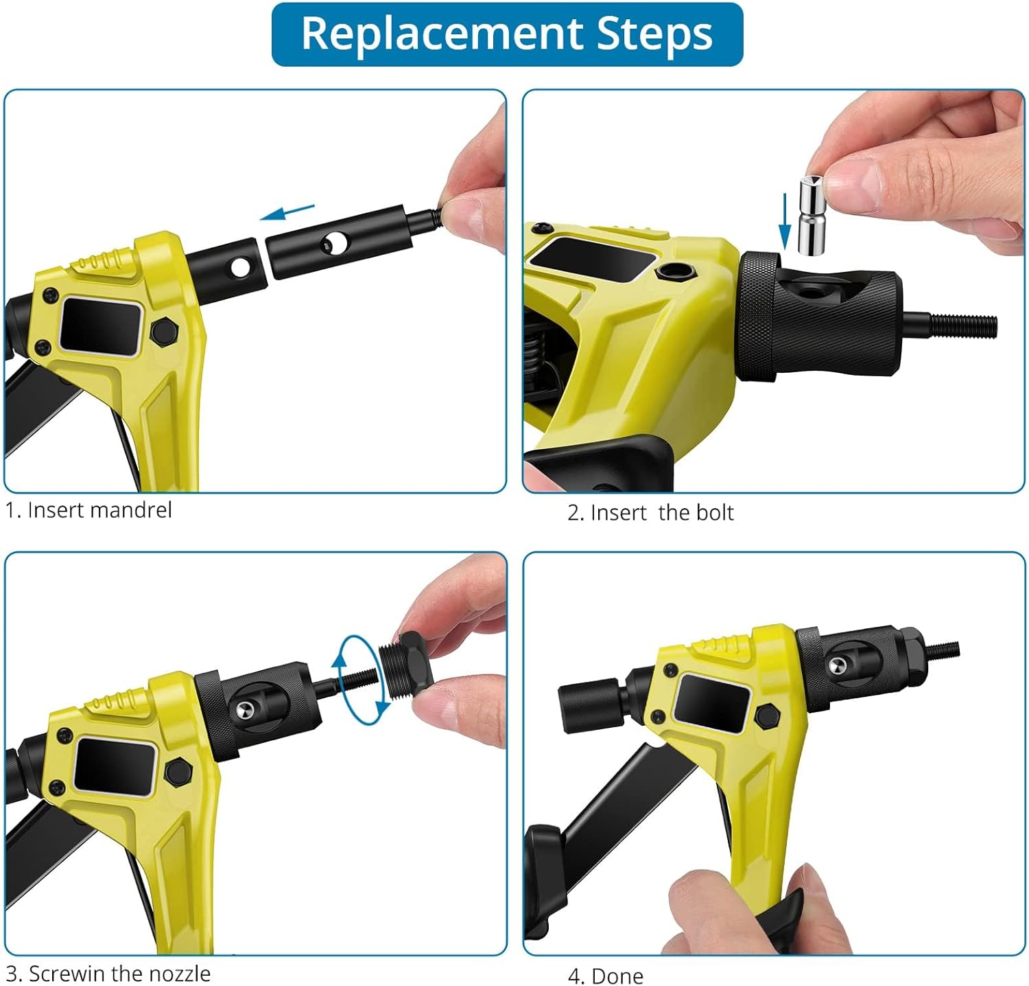 AUTOUTLET Nietmutternzange Set, Profi Hand Nietzange mit M3 M4 M5 M6 Dorne und 100pcs Nieten, 8" Mini Nietmutternpistole Nietmaschine mit Werkzeugbox, Hand Riveter Rivet Gun Riveting Tools-gelb