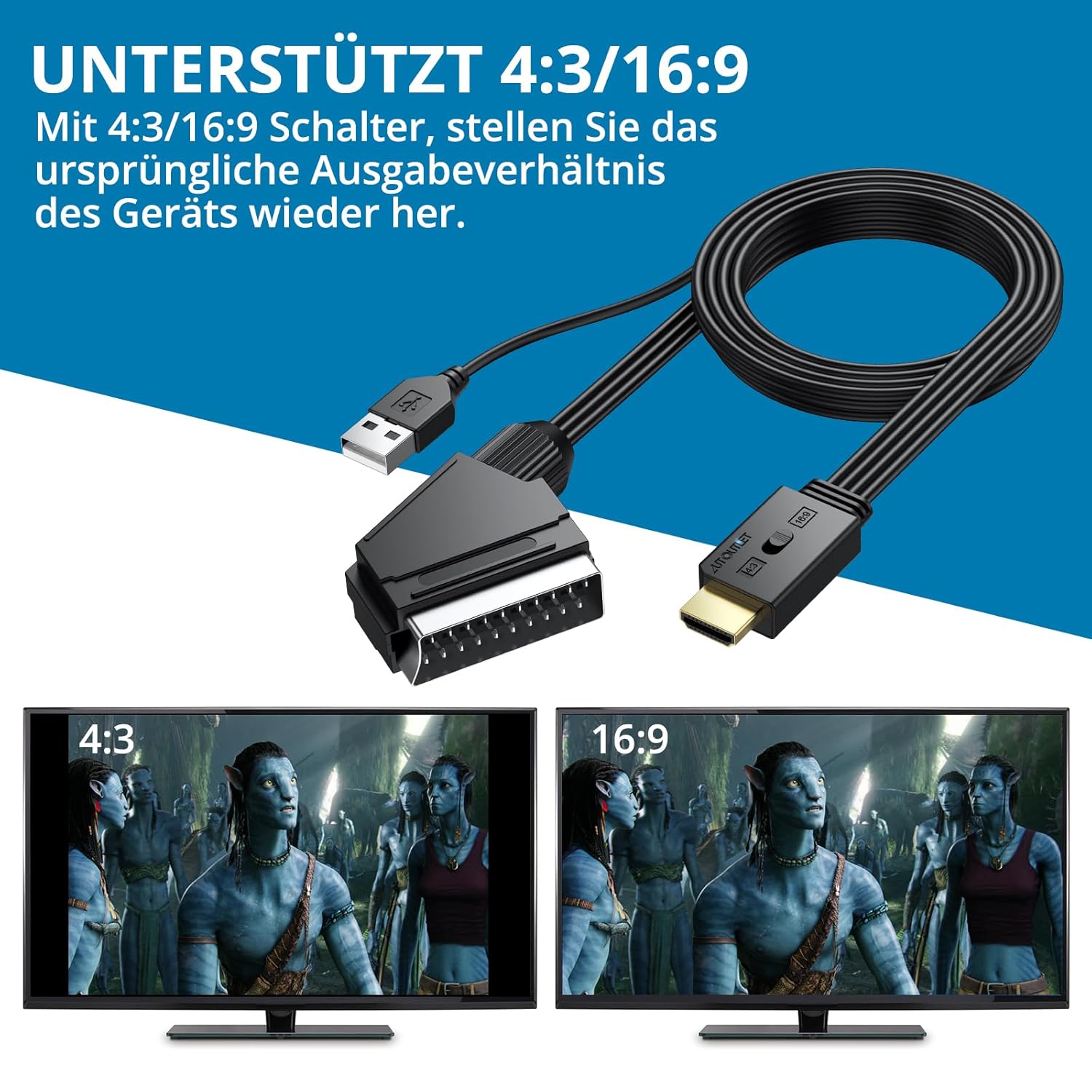 AUTOUTLET Scart auf HDMI Konverter, 1080P Scart auf HDMI Adapter unterstützt 16:9/4:3 Konvertierung, PAL/NTSC, Scart to HDMI mit 150cm Männlich-Scart-Kabel, Scart HDMI Adapter für HDTV VCR VHS DVD