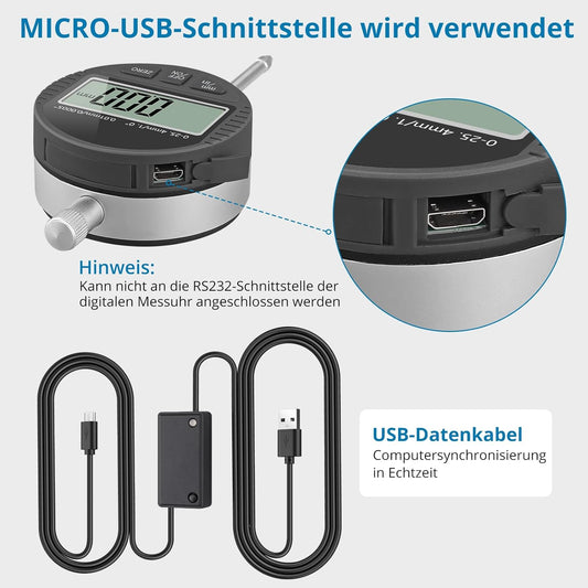 AUTOUTLET Digitale Messuhr mit 3M Micro Datenkabel, Digital Messuhr Messtaster 0-25.4mm/1''Messbereich, Digital Indikator Messgerät Dial Test Indicators, Kompatibel mit window-, Apple- und MAC-Systeme