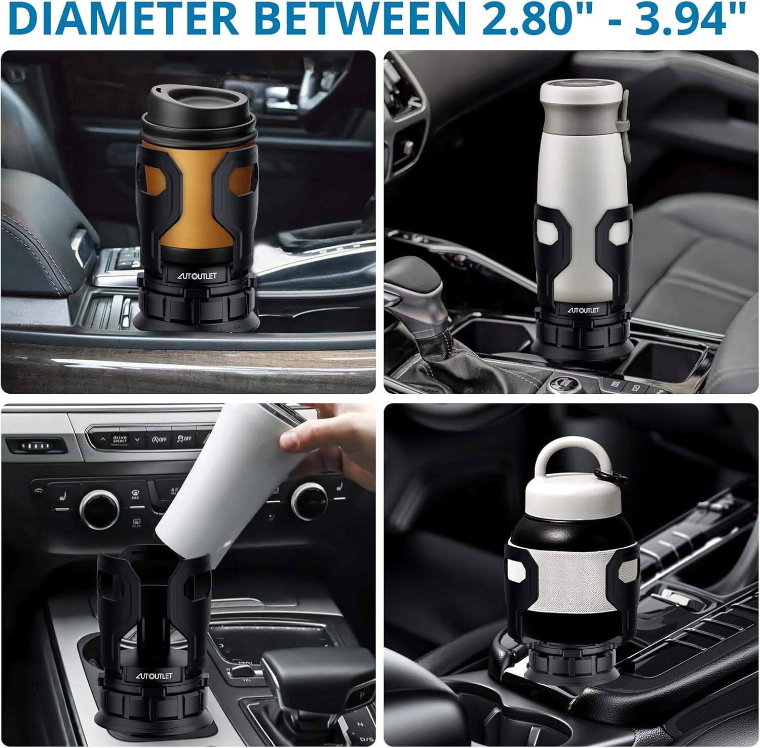AUTOUTLET Versatile Round Cup Holder Expander ALL BLACK, Adjustable for Diameter 7.1-9.5 cm, Securely Holds Cups, Water Bottles, and Travel Mugs in Your Car