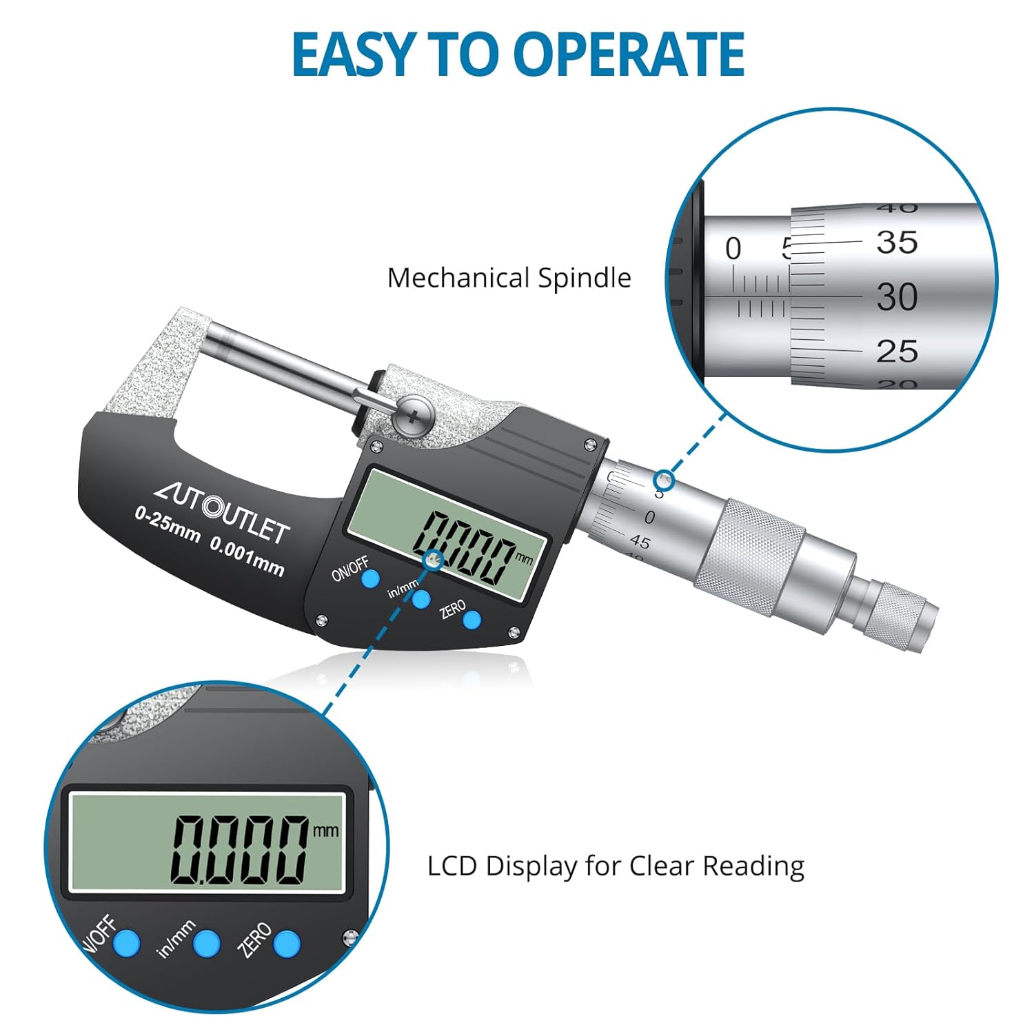 AUTOUTLET 0-25mm ABS Stainless Steel Multifunction Digital LCD Display Micrometer 0.001mm Electronic Micrometer Caliper