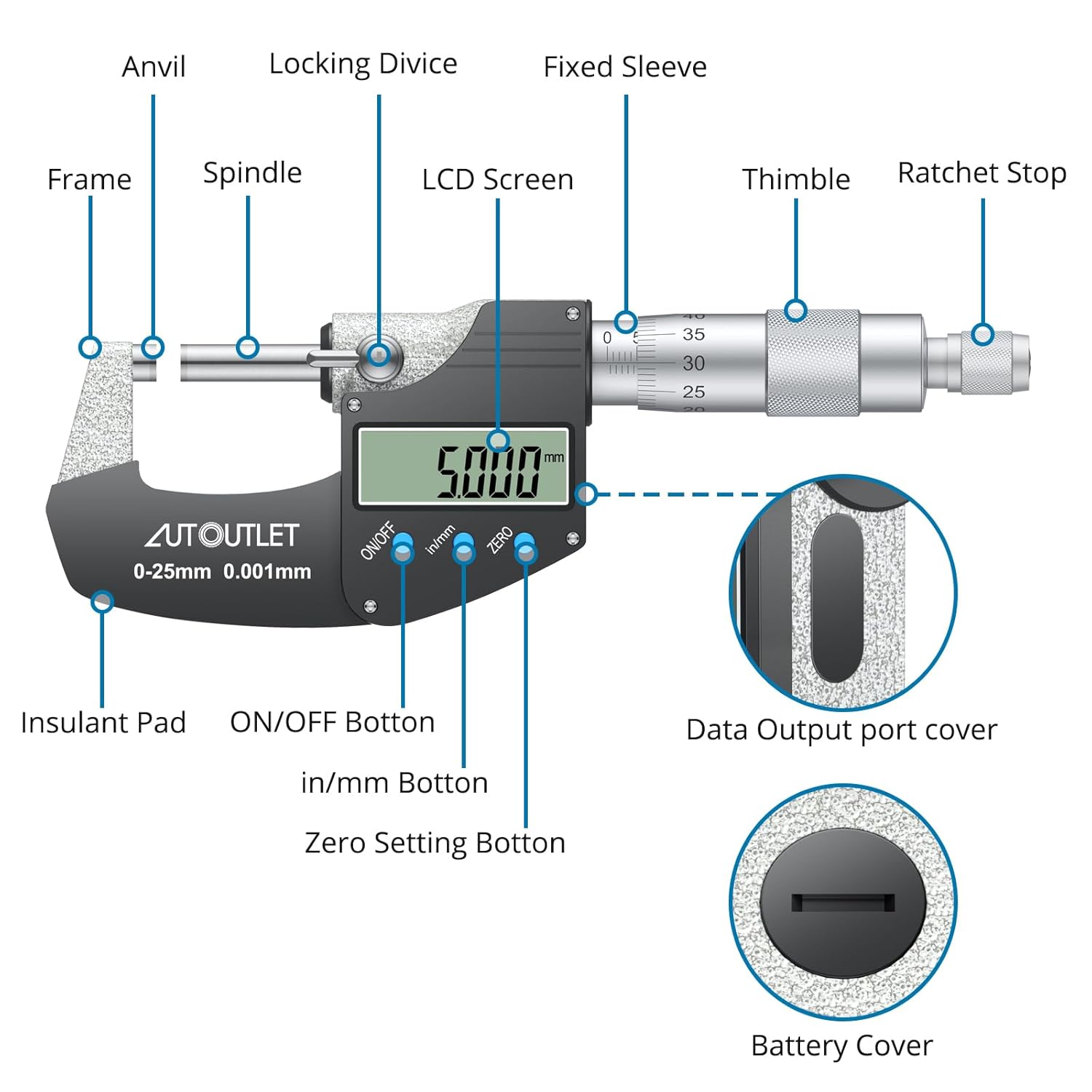 AUTOUTLET 0-25mm ABS Stainless Steel Multifunction Digital LCD Display Micrometer 0.001mm Electronic Micrometer Caliper