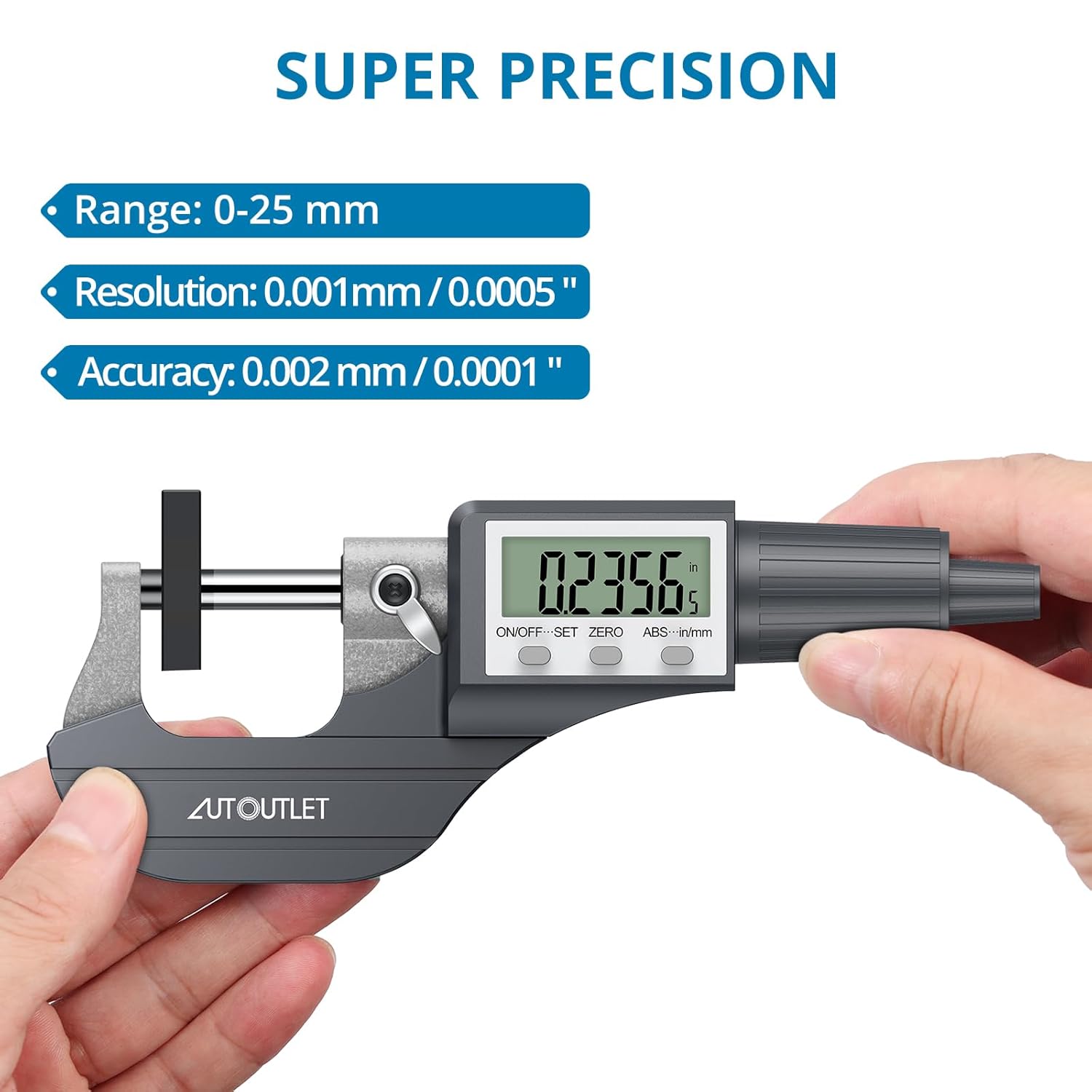 AUTOUTLET Micrometer Digitale Bügelmessschraube 0-25mm/ 0.001mm, Hohe Präzision LCD Digitale Mikrometer Mikrometerschieber Länge Messwerkzeug Mikrometer 0.001mm(0.00005")-Grau