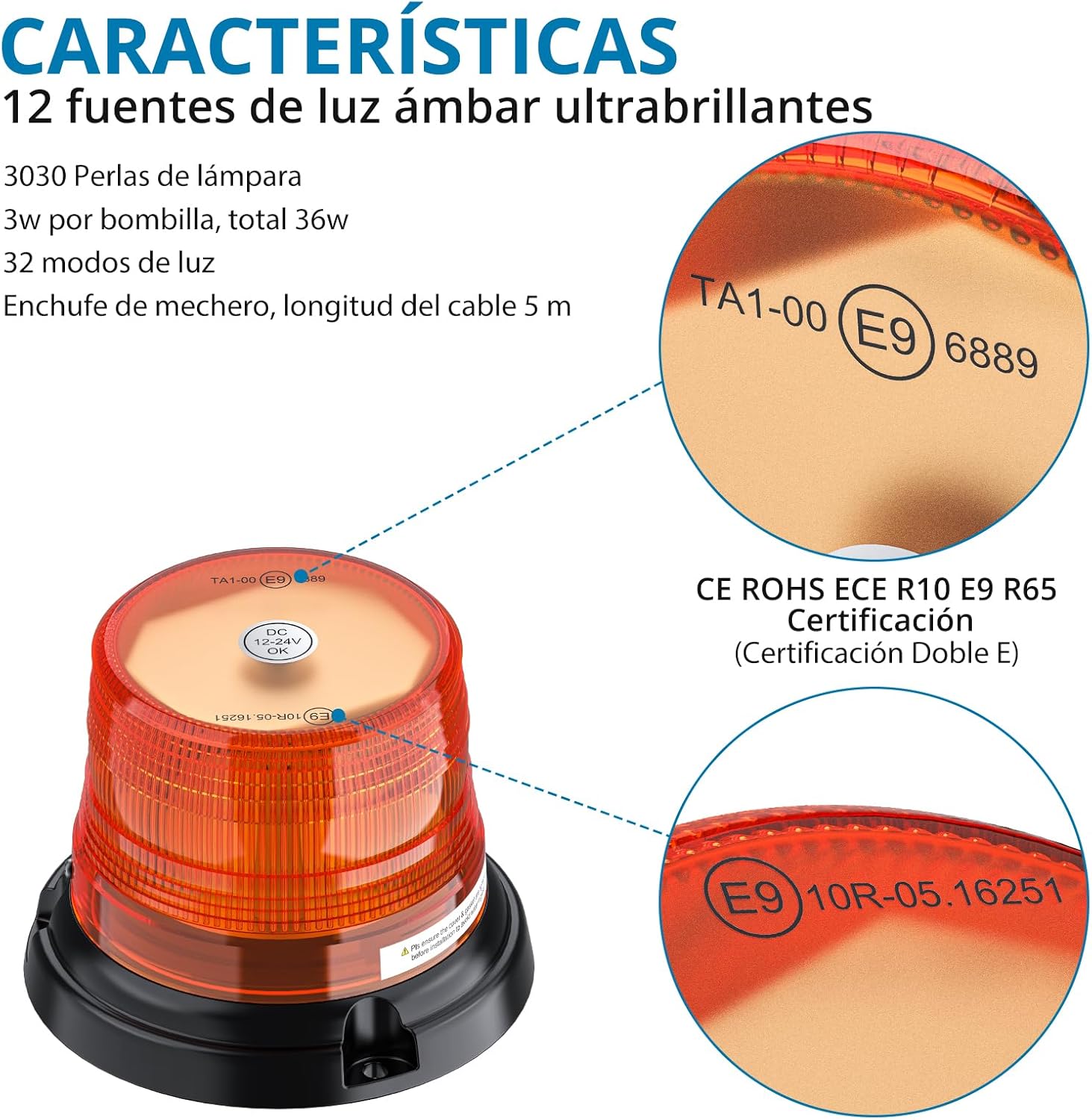 AUTOUTLET LED Rotating Flashing Amber Beacon | 12LED 10V-30V Magnetic Flashing Beacon Warning Light | Emergency Vehicle Safety Light CE, ROHS, ECE R10 R65 Certified for Trucks and Forklifts