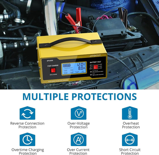 AUTOUTLET Upgraded 6/8/12/14/16/24V Battery Charger Automotive Smart Car Battery Charger and Trickle Maintainer 0-10A Fully Automatic with Cable Clamps