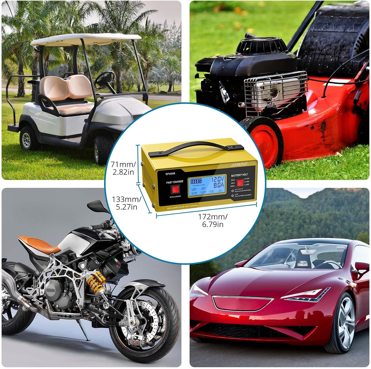AUTOUTLET Upgraded 6/8/12/14/16/24V Battery Charger Automotive Smart Car Battery Charger and Trickle Maintainer 0-10A Fully Automatic with Cable Clamps