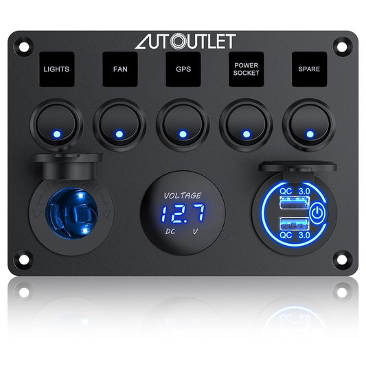 AUTOUTLET 5-Way Switch Panel with USB Ports & LED Indicator, 12V Cigarette Lighter Socket, IP66 Waterproof, 12V-24V Universal Switch Panel, Ideal for Boats, Trucks, RVs, and More