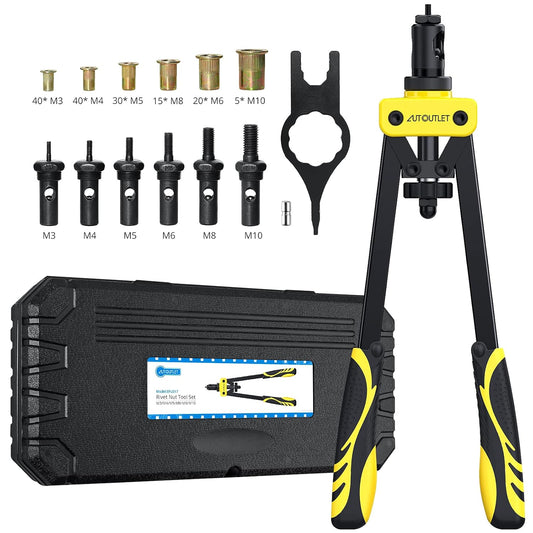 AUTOUTLET Rivet Nut Pliers Set, 14" Professional Rivet Pliers Set with M3 M4 M5 M6 M8 M10 6X Chrome-Molybdenum Steel Mandrels, 150 PCS Rivet Nuts, Non-Slip Handle for Thick Metal Sheets (Yellow)