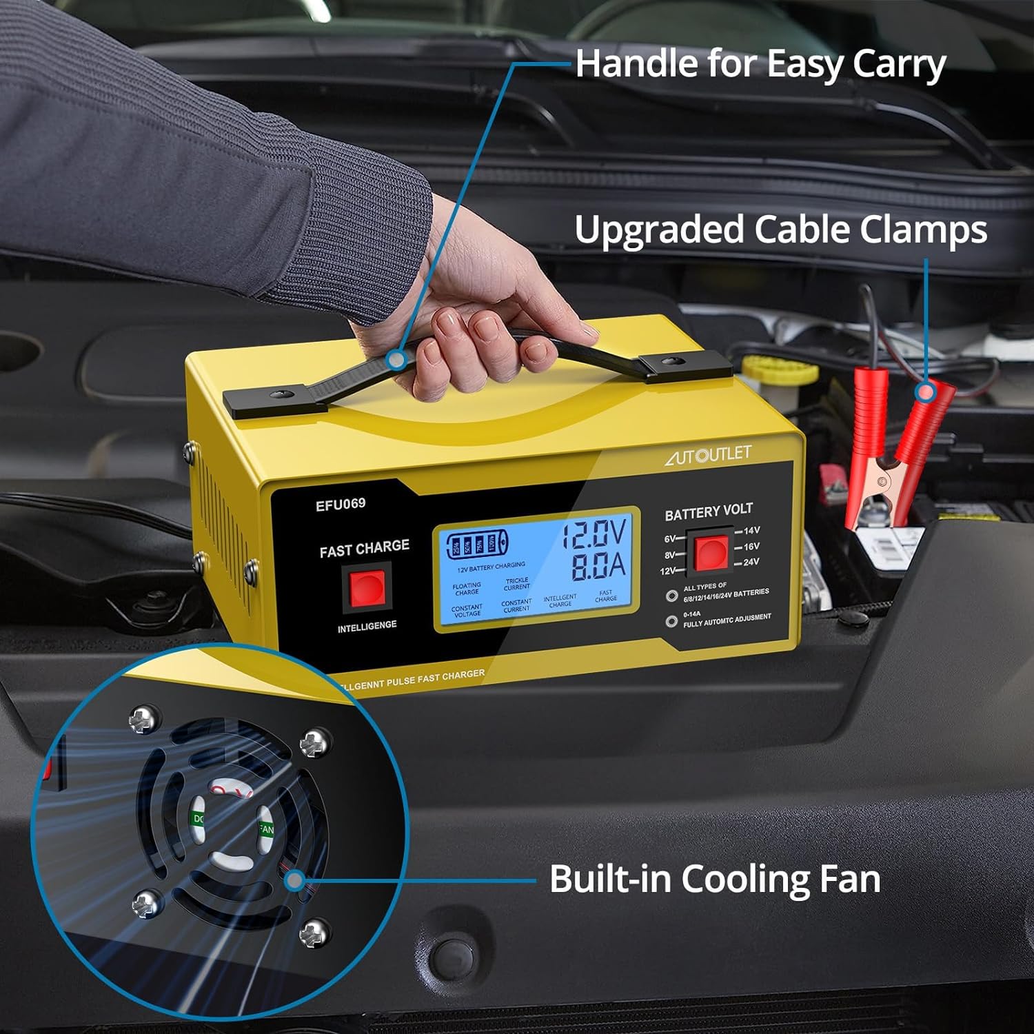 AUTOUTLET Upgraded 6/8/12/14/16/24V Battery Charger Automotive Smart Car Battery Charger and Trickle Maintainer 0-10A Fully Automatic with Cable Clamps