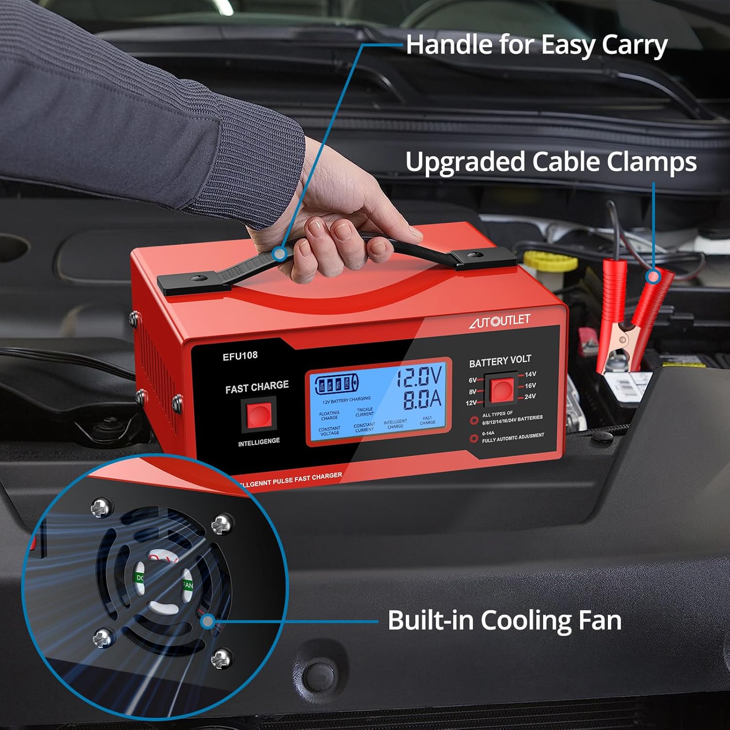 AUTOUTLET Upgraded 8 Volt Battery Charger for Golf Cart Automotive Battery Charger and Maintainer 0-10A with Cable Clamps for 6/8/12/14/16/24V Lead-Acid Batteries