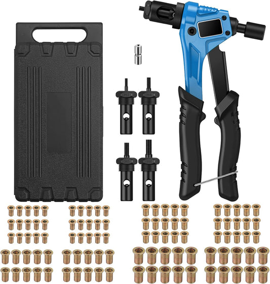 AUTOUTLET Nietmutternzange Set, Profi Hand Nietzange mit M3 M4 M5 M6 Dorne und 100pcs Nieten, 8" Mini Nietmutternpistole Nietmaschine mit Werkzeugbox, Hand Riveter Rivet Gun Riveting Tools-blau