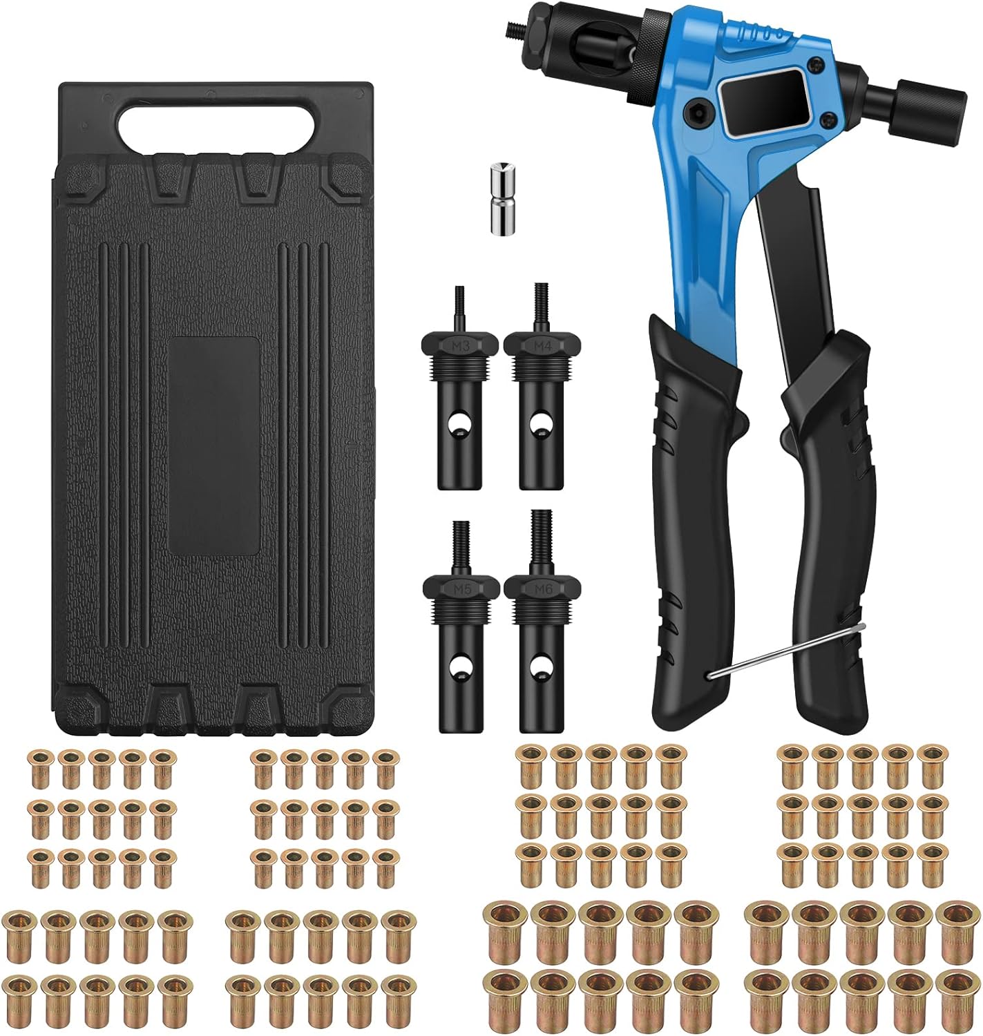 AUTOUTLET Nietmutternzange Set, Profi Hand Nietzange mit M3 M4 M5 M6 Dorne und 100pcs Nieten, 8" Mini Nietmutternpistole Nietmaschine mit Werkzeugbox, Hand Riveter Rivet Gun Riveting Tools-gelb
