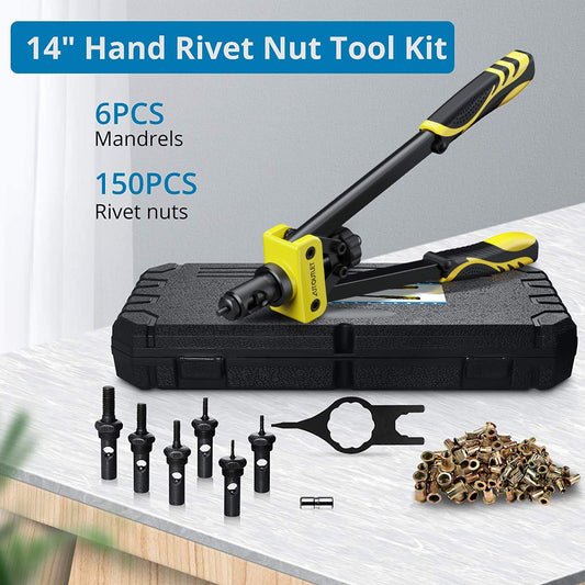 AUTOUTLET Rivet Nut Pliers Set, 14" Professional Rivet Pliers Set with M3 M4 M5 M6 M8 M10 6X Chrome-Molybdenum Steel Mandrels, 150 PCS Rivet Nuts, Non-Slip Handle for Thick Metal Sheets (Yellow)