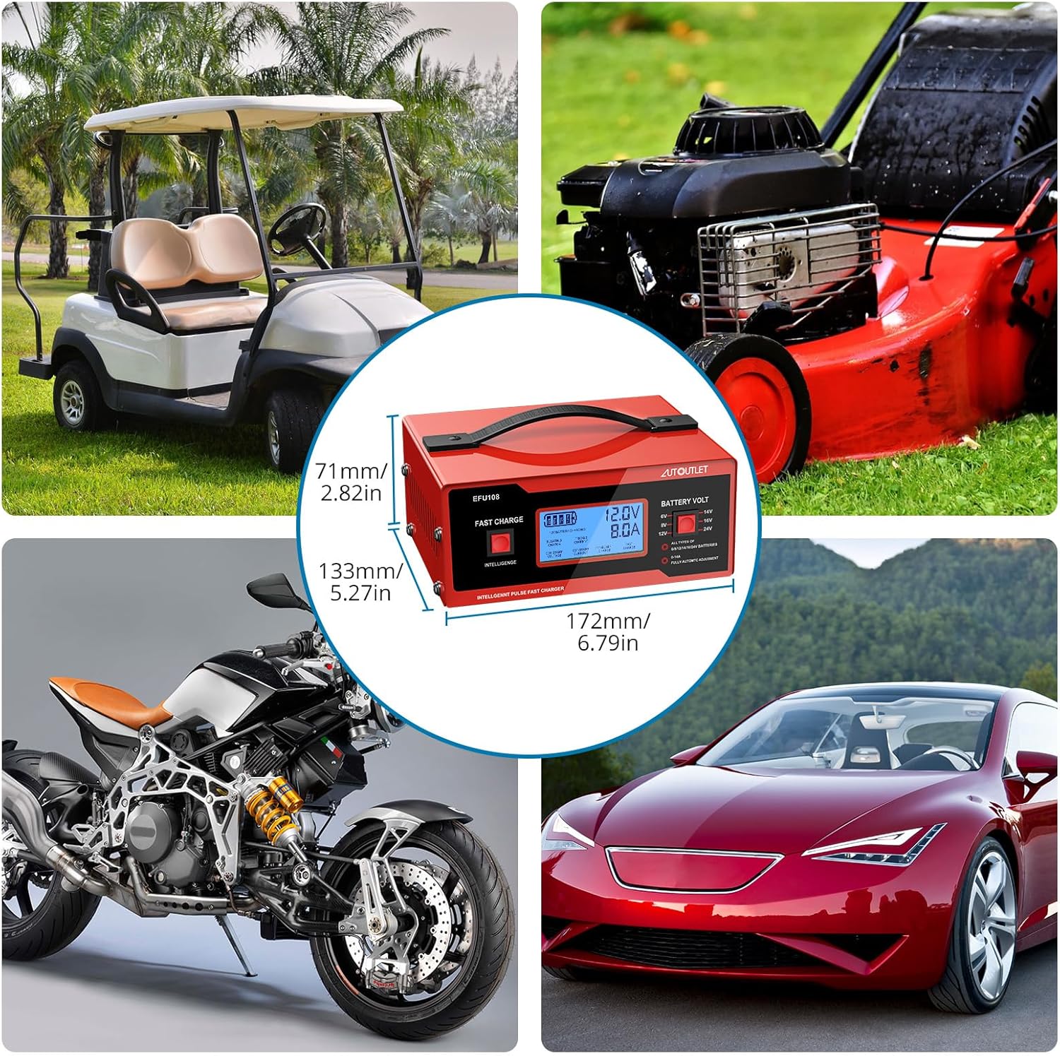 AUTOUTLET Upgraded 8 Volt Battery Charger for Golf Cart Automotive Battery Charger and Maintainer 0-10A with Cable Clamps for 6/8/12/14/16/24V Lead-Acid Batteries