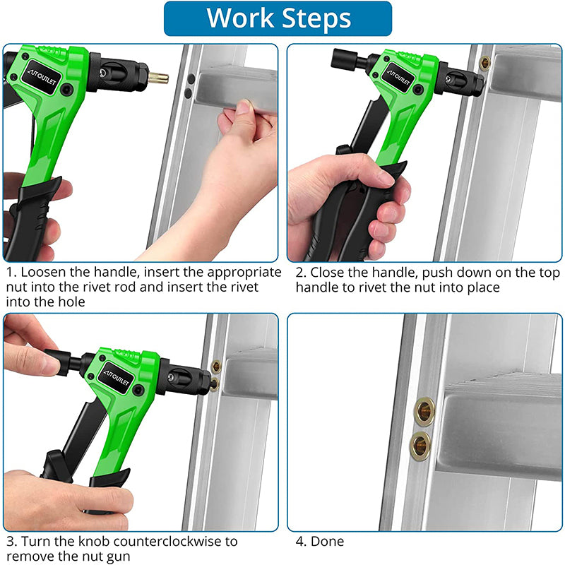 AUTOUTLET 8" Rivet Nut Gun with Replaceable Nozzles M3 M4 M5 M6 Green Black