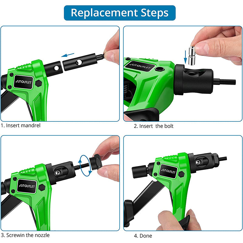 AUTOUTLET 8" Rivet Nut Gun with Replaceable Nozzles M3 M4 M5 M6 Green Black