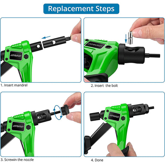 AUTOUTLET 8" Rivet Nut Gun with Replaceable Nozzles M3 M4 M5 M6 Green Black