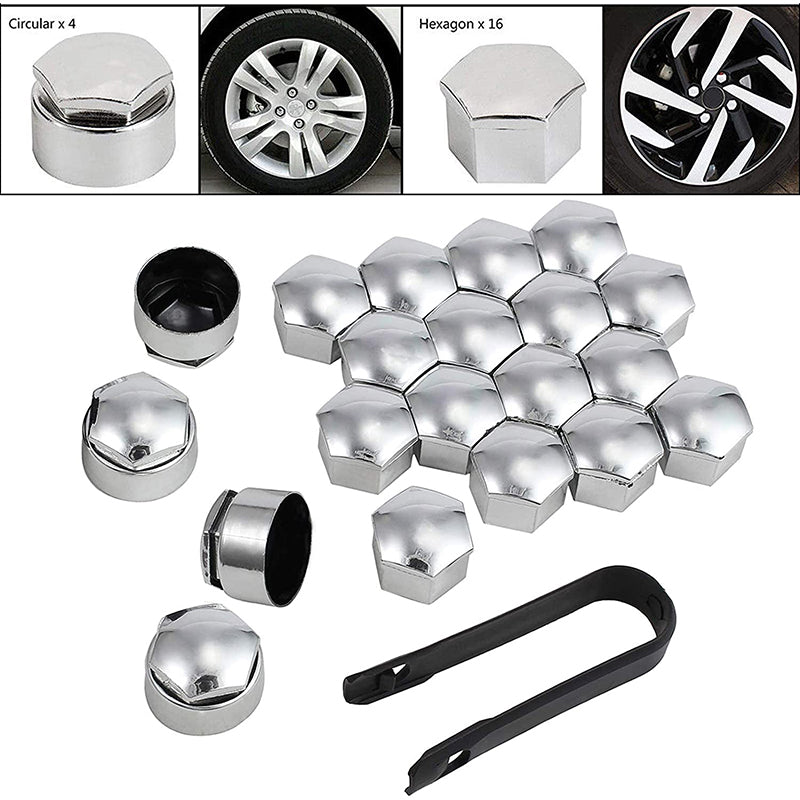 AUTOUTLET 20PCS (16 Standard Sizes + 4 Locking Sizes) Silver Hexagonal Plating Chrome Wheel Nut Caps