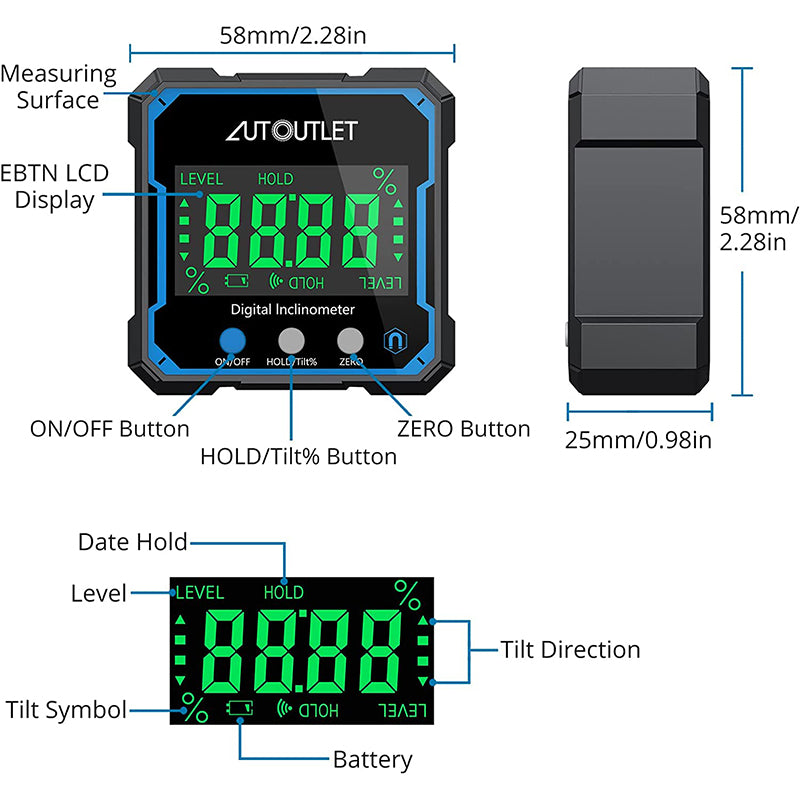 AUTOUTLET Digital Level Box Protractor Angle Finder Level Gauge Waterproof