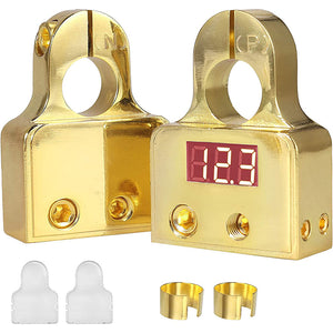 AUTOUTLET Car Battery Terminal Connectors with Voltmeter Golden 0/4/8/10 Gauge (Pair)