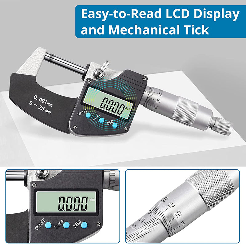 AUTOUTLET Micrometer Digital Outside Micrometer 0-25mm/ 0.001mm(0.00005")