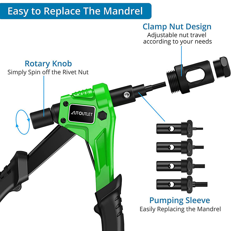 AUTOUTLET 8" Rivet Nut Gun with Replaceable Nozzles M3 M4 M5 M6 Green Black