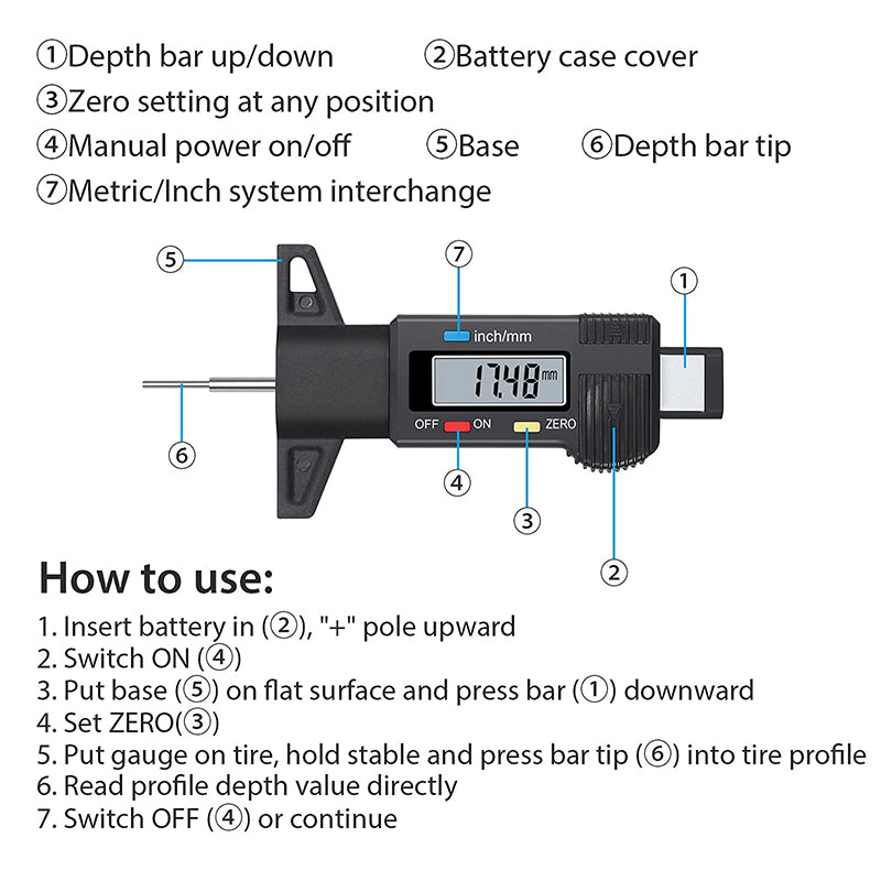 AUTOUTLET Digital Tyre Depth Gauge Tread Checker Motorbike